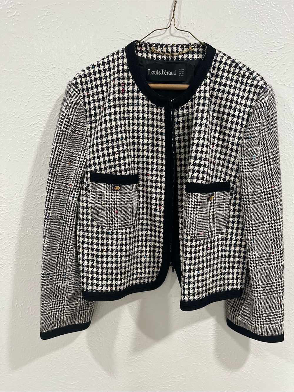 Louis Feraud Black & White Houndstooth Cropped Jacket Blazer Size 14